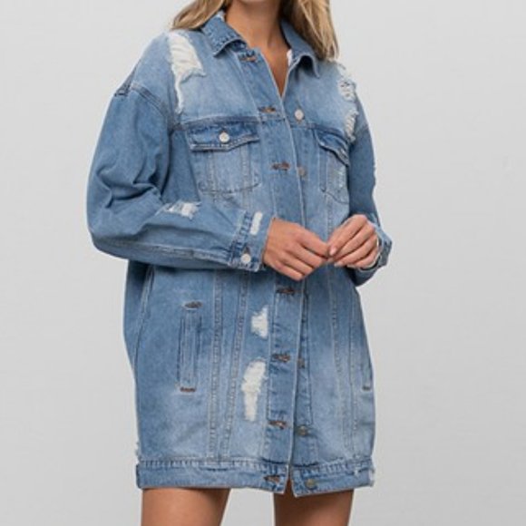 NEW PREMIUM OVERSIZED DISTRESSED DENIM JEAN JACKET shacket LARGE classic - Picture 4 of 6